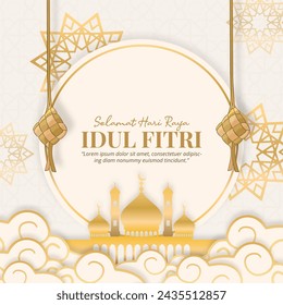 Selamat Hari Raya Idul Fitri or Happy Eid Al Fitr background with Ketupat and mosque