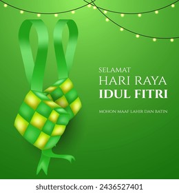 Selamat Hari Raya Idul Fitri Meaning : happy eid al- fitr. greeting card of islamic holiday with ketupat the symbol indonesian traditional food. vector illustration