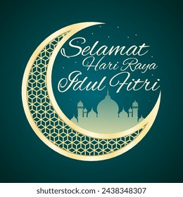 Selamat Hari Raya Idul Fitri meaning "Happy Eid Al-Fitr" Islamic design of a crescent moon and mosque shadow. Vector illustrations can be used for greeting cards, posters and banners