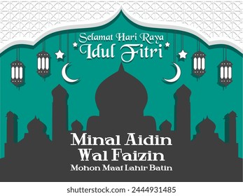 Selamat Hari Raya Idul Fitri. Translation: Happy Eid al-Fitr. Islamic background design for Eid al-Fitr greeting cards or social media posts.