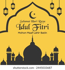 Selamat Hari Raya Idul Fitri. Translation: Happy Eid al-Fitr. Islamic background design for Eid al-Fitr greeting cards or social media posts.