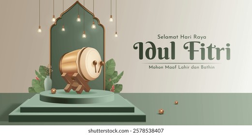 Selamat Hari Raya Idul Fitri Meaning : Happy Eid Mubarak. Eid Mubarak Template with 3D Realistic Bedug Vector Illustartion, Eid Al Fitr with Islamic Ornament