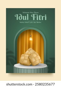 Selamat Hari Raya Idul Fitri Meaning : Happy Eid Mubarak. Eid Mubarak Template with 3D Realistic Ketupat Vector Illustartion, Eid Al Fitr with Islamic Ornament