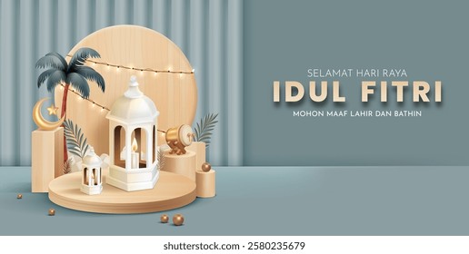 Selamat Hari Raya Idul Fitri Meaning : Happy Eid Mubarak. Eid Mubarak Template with 3D Realistic Lantern Vector Illustartion, Eid Al Fitr with Islamic Ornament