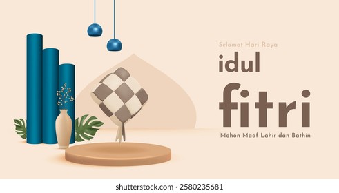 Selamat Hari Raya Idul Fitri Meaning : Happy Eid Mubarak. Eid Mubarak Template with 3D Realistic Ketupat Vector Illustartion, Eid Al Fitr with Islamic Ornament