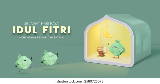 Selamat Hari Raya Idul Fitri Meaning : Happy Eid Mubarak. Eid Mubarak Template with 3D Realistic ketupat Vector Illustartion, Eid Al Fitr with Islamic Ornament