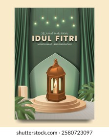 Selamat Hari Raya Idul Fitri Meaning : Happy Eid Mubarak. Eid Mubarak Template with 3D Realistic Lantern Vector Illustartion, Eid Al Fitr with Islamic Ornament