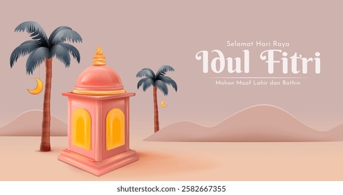 Selamat Hari Raya Idul Fitri Meaning : Happy Eid Mubarak. Eid Mubarak Template with 3D Realistic Lantern Vector Illustartion, Eid Al Fitr with Islamic Ornament