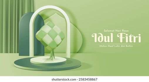 Selamat Hari Raya Idul Fitri Meaning : Happy Eid Mubarak. Eid Mubarak Template with 3D Realistic Ketupat Vector Illustartion, Eid Al Fitr with Islamic Ornament