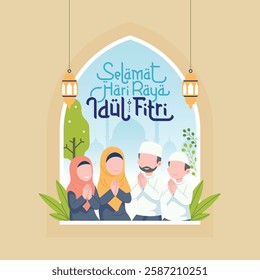 Selamat hari raya idul fitri greeting card with lettering means happy eid al fitr vector illustration. Eid mubarak lettering typography design