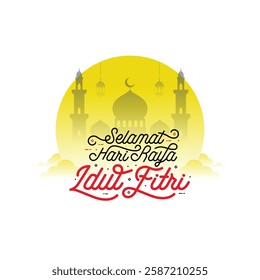 Selamat hari raya idul fitri greeting card with lettering means happy eid al fitr vector illustration. Eid mubarak lettering typography design