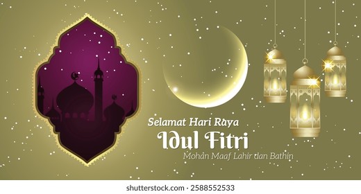 Selamat Hari Raya Idul Fitri Meaning : Happy Eid Mubarak. Eid Mubarak Decoration for Banner Vector illustration, Ramadan Kareem greeting card. Template greeting card with intricate Arabic lamp.