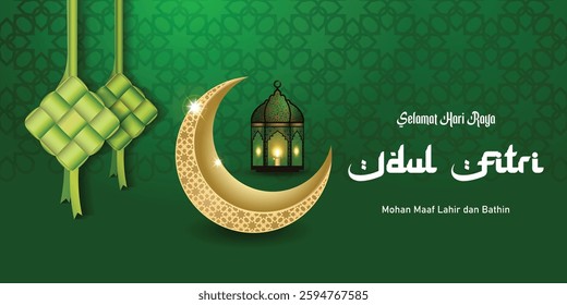 Selamat Hari Raya Idul Fitri Meaning : Happy Eid Mubarak, Ramadan Kareem greeting card. Template greeting card with intricate Arabic lamp and ketupat image.