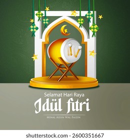 Selamat Hari Raya Idul Fitri 2025 Meaning : Happy Eid Mubarak 2025. Eid Mubarak Greeting with 3D Islamic Decoration and Batik Wallpaper Background. Happy Eid al Fitr with 3D Islamic Ornaments