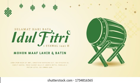 Selamat Hari Raya Idul Fitri.Translation: Happy Eid Mubarak. Eid al-Fitr Greeting with hand lettering calligraphy and illustration. vector illustration.