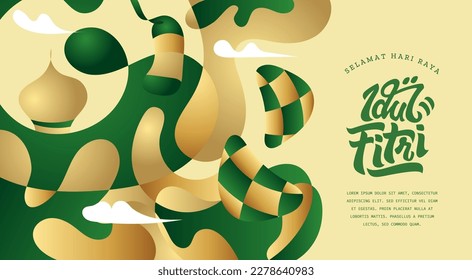 Selamat Hari Raya Idul Fitri.Translation: Happy Eid Mubarak. Eid al-Fitr Greeting with hand lettering calligraphy and illustration. vector illustration.