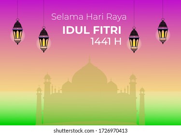 selamat hari raya idul fitri,which means congratulations on Eid al-Fitr in Indonesian. a background design for Muslim celebrations.