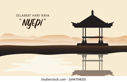 Selamat hari raya Nyepi . Translation: Happy Day Of Silence Nyepi The New Year of saka. Balinese Hindu Holiday Greeting card, Vector Illustration 