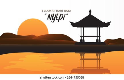Selamat hari raya Nyepi . Translation: Happy Day Of Silence Nyepi The New Year of saka. Balinese Hindu Holiday Greeting card, Vector Illustration 