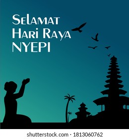 Selamat Hari Raya Nyepi. Translation: Happy day Of Silence Nyepi The New Year Of Saka. Balinese Hindu Holiday Greeting card, Silhouette Vector Illustration