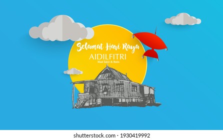 Selamat Hari Raya or Rid Mubarak vector with traditional wooden house with clouds and red traditional malay kite. Papercut effect.