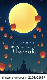 Selamat Hari Raya Waisak bedeutet glücklichen Vesak Tag. Kreatives Konzept für Karte oder Banner. Vesak Day ist ein heiliger Tag für Buddhisten. Fröhlicher Buddha-Tag mit Siddhartha Gautama Statue Design-Vektorgrafik