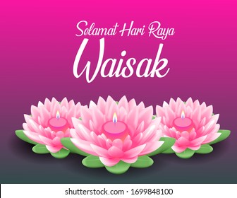 Selamat Hari  Raya Waisak Translation: Happy Vesak Day Budha Purnama Background With Realistic Pink Lotus And Candle Vector Illustration, Budha's anniversary Greeting Card, Budhaism Celebration