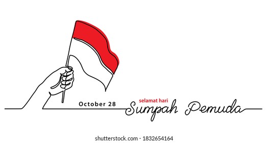 Selamat hari Sumpah pemuda, Happy Indonesian Youth Pledge day, simple vector banner, poster, background with flag and hand. Single line art illustration with lettering Sumpah pemuda.