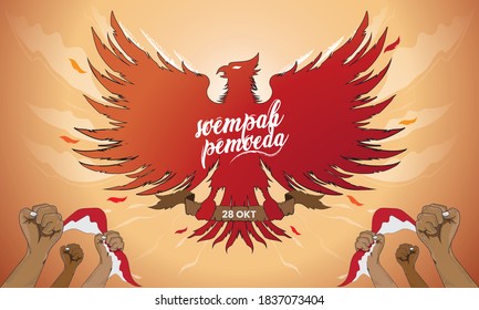 Selamat Hari Sumpah Pemuda. Translation, Happy Indonesian Youth Pledge. Vector illustration with of The hands of a man Indonesian flag and The Garuda bird or state symbol of Indonesia