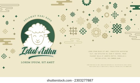 Selamat Idul Adha.Übersetzung: Happy Eid Al Adha Mubarak. Eid al-Adha Gruß mit Typografie und Illustration. Vektorgrafik.