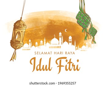 Selamat Idul Fitri, Aidil Fitri, Ketupat Transalation Happy Eid, The Celebration Of Islamic Day After Fully Fasting At Ramadan Month. Illustration Vector