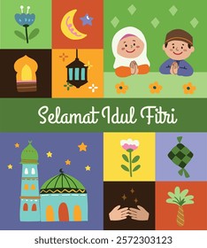 Selamat Idul Fitri Eid Mubarak in geometric style with cute characters