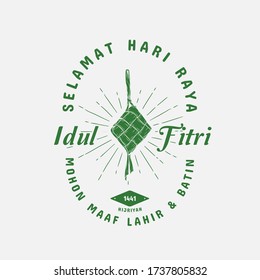 Selamat Idul Fitri.Translation: Happy Eid Mubarak. Eid al-Fitr Greeting with hand lettering calligraphy and illustration. vector illustration square banner ads.