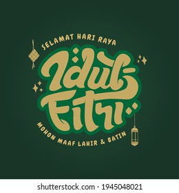 Selamat Idul Fitri.Translation: Happy Eid Mubarak. Eid al-Fitr Greeting with hand lettering calligraphy and illustration. vector illustration square banner ads.