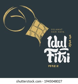 Selamat Idul Fitri.Traducción: Feliz Eid Mubarak. Eid al-Fitr Greeting con caligrafía e ilustración con letras a mano. anuncios de banner cuadrado de ilustración vectorial.