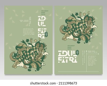 Selamat Idul Fitri.Translation: Happy Eid Mubarak. Eid al-Fitr Greeting with typography and illustration. vector illustration.