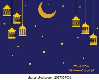 Selamat memperingati Maulid Nabi Muhammad SAW. translation: Happy Mawlid al-Nabi Muhammad SAW. Suitable for greeting card and banner.