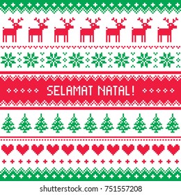 Selamat Natal - Merry Christmas in Inonesian greeting card, Nordic style pattern with reindeer and Xmas trees
Winter red and green background for celebrating Xmas in Indonesia on white
