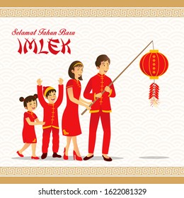 Selamat tahun baru imlek is "Selamat tahun baru imlek", in Indonesian. Vector illustration an chinese family playing firecracker celebrating chinese new year