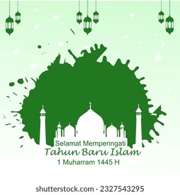 Selamat Tahun baru Islam Happy New Hijri Year, Islamic New Year 1445 Hijriyah (1 muharram)  card design decorative happy muharram background and Islamic new year greeting card template with Mosque