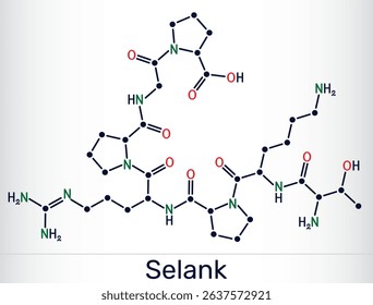 Selank molecule. Synthetic heptapeptide with anxiolytic and neuroprotective properties. Skeletal chemical formula. Vector illustration