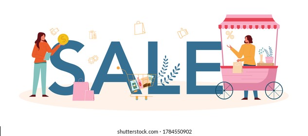 Sele typographic header. Professional worker in the supermarket, shop, store. Stocktacking, merchandising, cash accounting and calculations. Client service, payment operation. Vector illustration