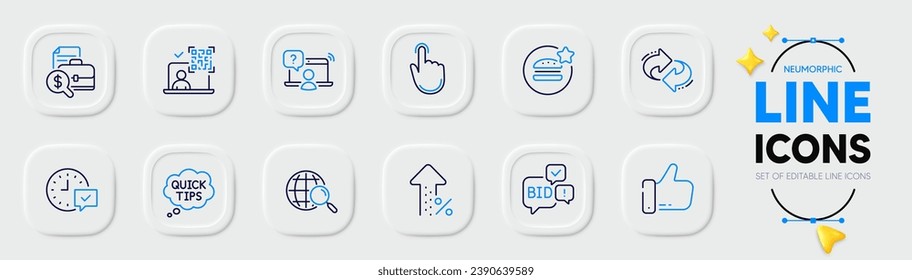 Select alarm, Quick tips and Qr code line icons for web app. Pack of Best food, Accounting report, Refresh pictogram icons. Bid offer, Increasing percent, Like signs. Online question. Vector