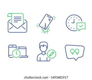 Select alarm, Time management and Mail newsletter line icons set. Edit person, Smartphone broken and Quote bubble signs. Time symbol, Laptop device, Open e-mail. Change user info. Vector