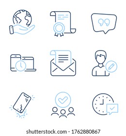 Seleccione el conjunto de iconos de la línea de noticias de alarma, gestión de tiempo y correo. Certificado de Diploma, Salvar planeta, grupo de personas. Editar persona, Smartphone roto y Cita los carteles de burbuja. Vector