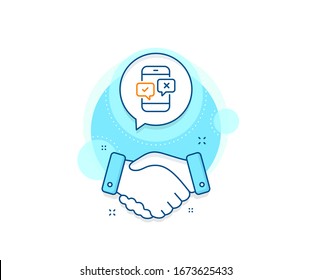 Select answer sign. Handshake deal complex icon. Phone survey line icon. Business interview symbol. Agreement shaking hands banner. Phone survey sign. Vector