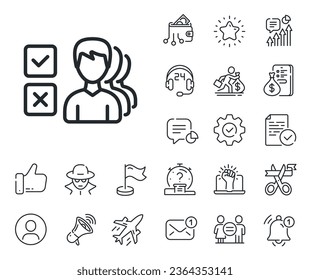 Select answer sign. Salaryman, gender equality and alert bell outline icons. Choice line icon. Business test symbol. Opinion line sign. Spy or profile placeholder icon. Online support, strike. Vector