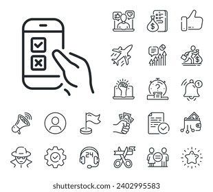 Select answer sign. Salaryman, gender equality and alert bell outline icons. Mobile survey line icon. Business interview symbol. Mobile survey line sign. Spy or profile placeholder icon. Vector