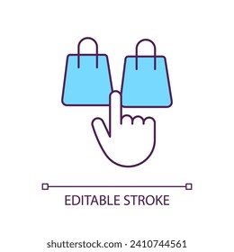 Select between two products RGB color icon. Consumer decision making process. Variants in retail. Isolated vector illustration. Simple filled line drawing. Editable stroke. Arial font used