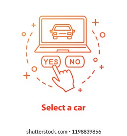 Select car concept icon. Carpooling idea thin line illustration. Rent a car. Auto leasing. Online taxi ordering. Vector isolated outline drawing
